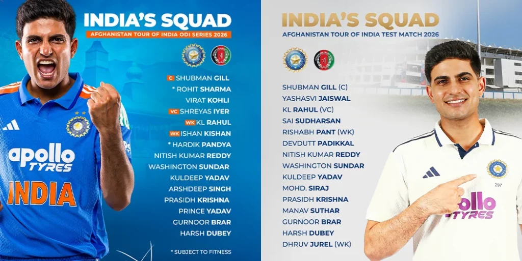 India Test and ODI Squad for Afghanistan 2026